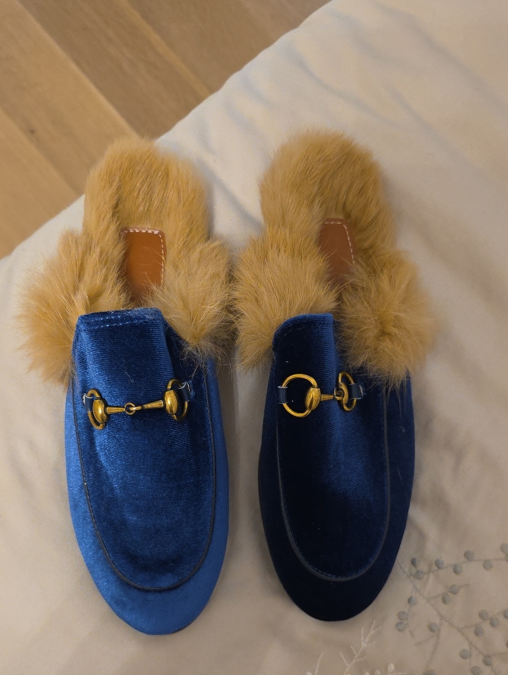 Blue Velvet Faux-Fur Lined Slip-On Mules